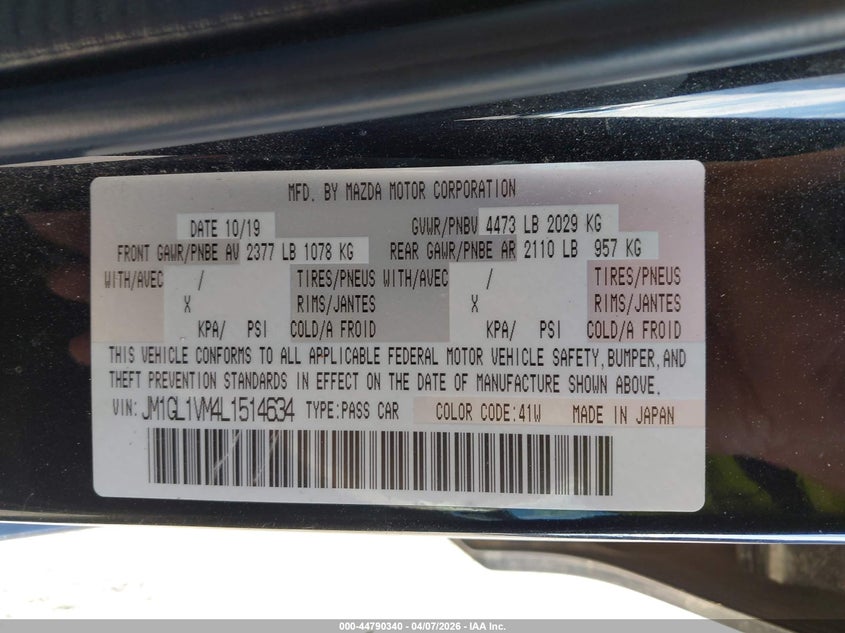 2020 Mazda Mazda6 Touring VIN: JM1GL1VM4L1514634 Lot: 44790340