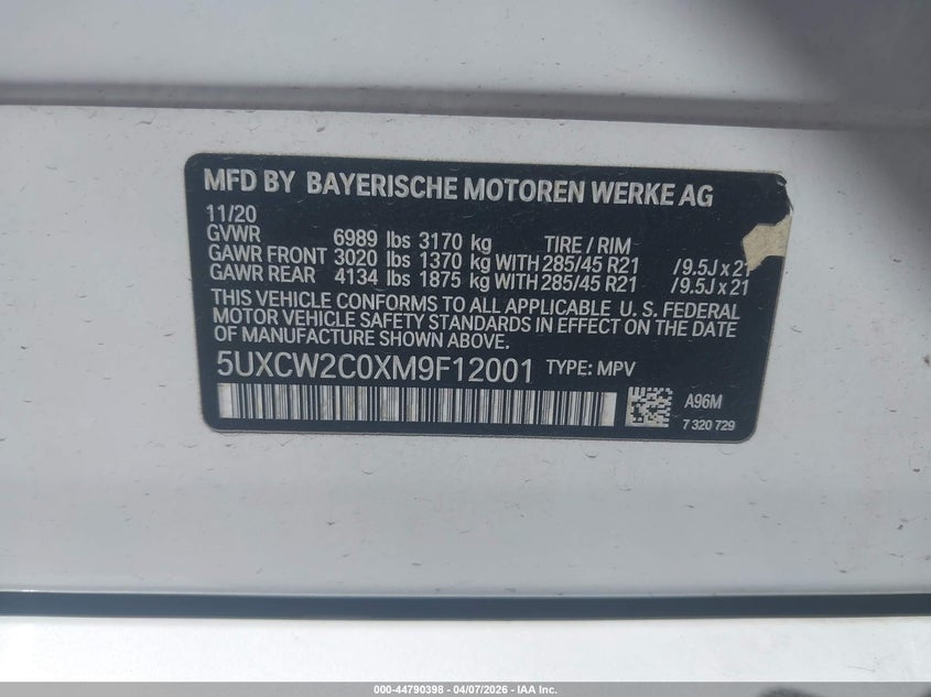 2021 BMW X7 xDrive40I VIN: 5UXCW2C0XM9F12001 Lot: 44790398