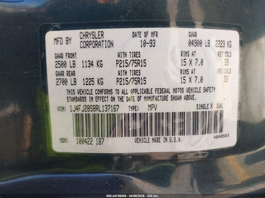 1994 Jeep Cherokee Se VIN: 1J4FJ28S8RL137167 Lot: 44790406