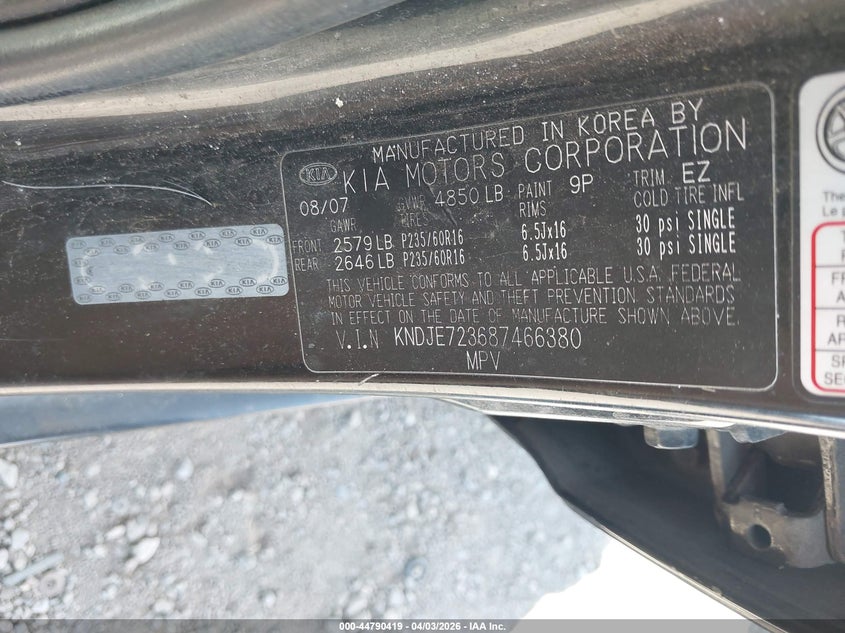 2008 Kia Sportage Lx V6 VIN: KNDJE723687466380 Lot: 44790419