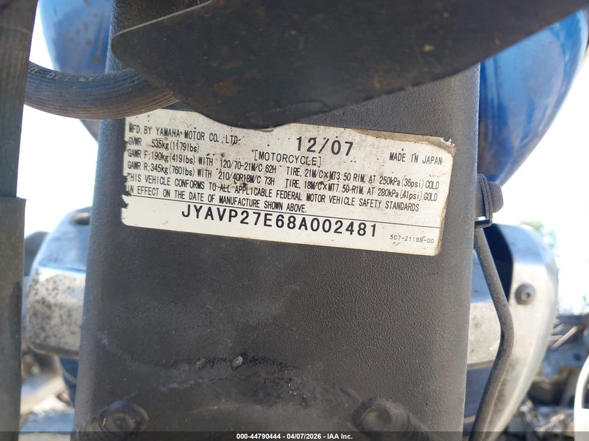 2008 Yamaha Xv1900 Cu VIN: JYAVP27E68A002481 Lot: 44790444