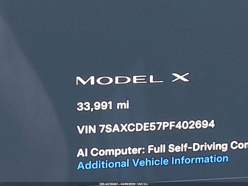 2023 Tesla Model X Dual Motor All-Wheel Drive/Standard Range VIN: 7SAXCDE57PF402694 Lot: 44790461