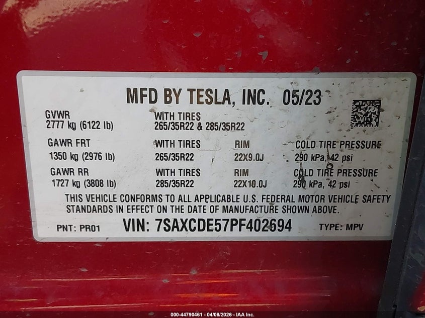 2023 Tesla Model X Dual Motor All-Wheel Drive/Standard Range VIN: 7SAXCDE57PF402694 Lot: 44790461