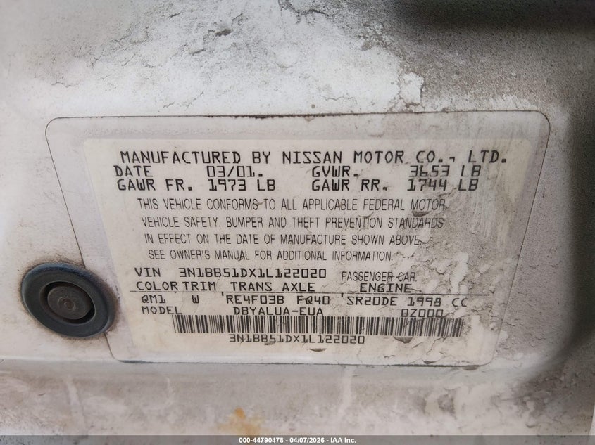 2001 Nissan Sentra Se VIN: 3N1BB51DX1L122020 Lot: 44790478