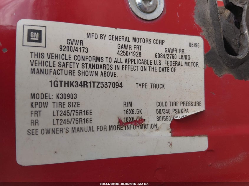 1995 GMC Sierra K3500 VIN: 1GTHK33K5SF003410 Lot: 44790538