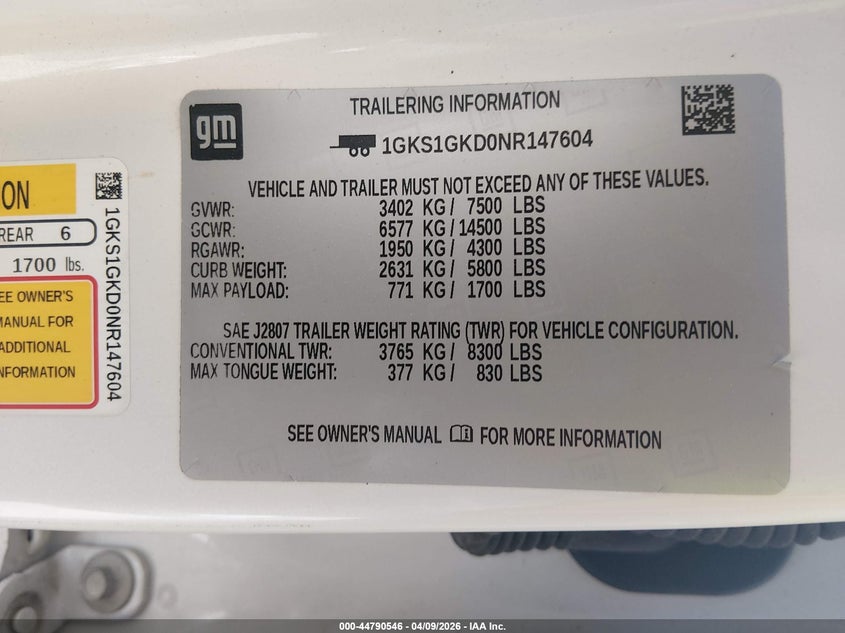 2022 GMC Yukon Xl 2Wd Slt VIN: 1GKS1GKD0NR147604 Lot: 44790546
