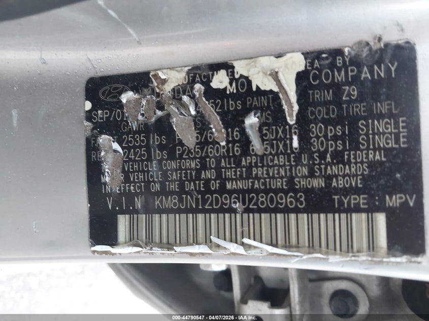 2006 Hyundai Tucson Gls/Limited VIN: KM8JN12D96U280963 Lot: 44790547