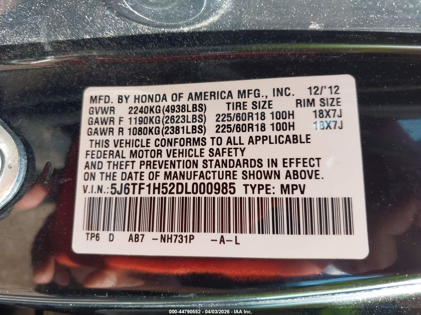 2013 Honda Crosstour Ex-L V6 VIN: 5J6TF1H52DL000985 Lot: 44790552