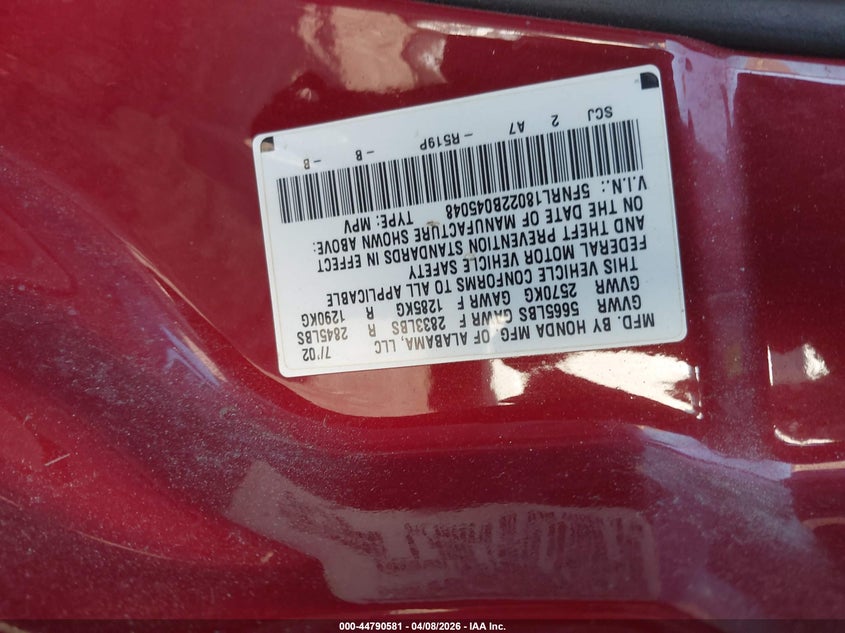 2002 Honda Odyssey Ex-L VIN: 5FNRL18022B045048 Lot: 44790581