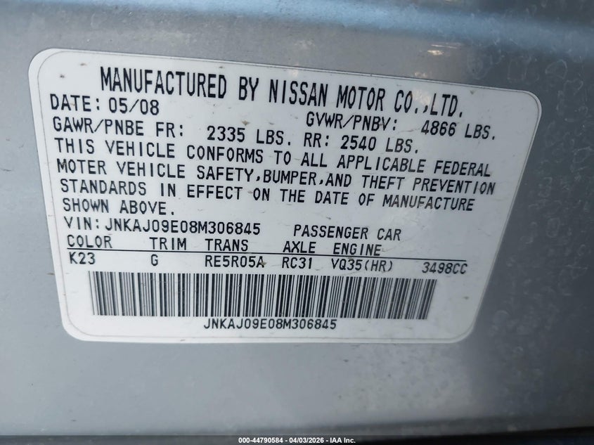 2008 Infiniti Ex35 Journey VIN: JNKAJ09E08M306845 Lot: 44790584