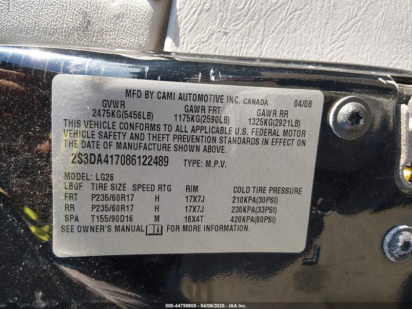 2008 Suzuki Xl7 Luxury VIN: 2S3DA417086122489 Lot: 44790608