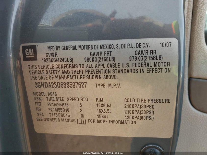 2008 Chevrolet Hhr Lt VIN: 3GNDA23D68S597627 Lot: 44790615