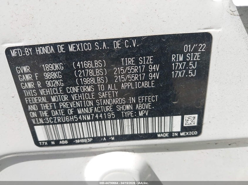 2022 Honda Hr-V Awd Ex VIN: 3CZRU6H54NM744195 Lot: 44790664