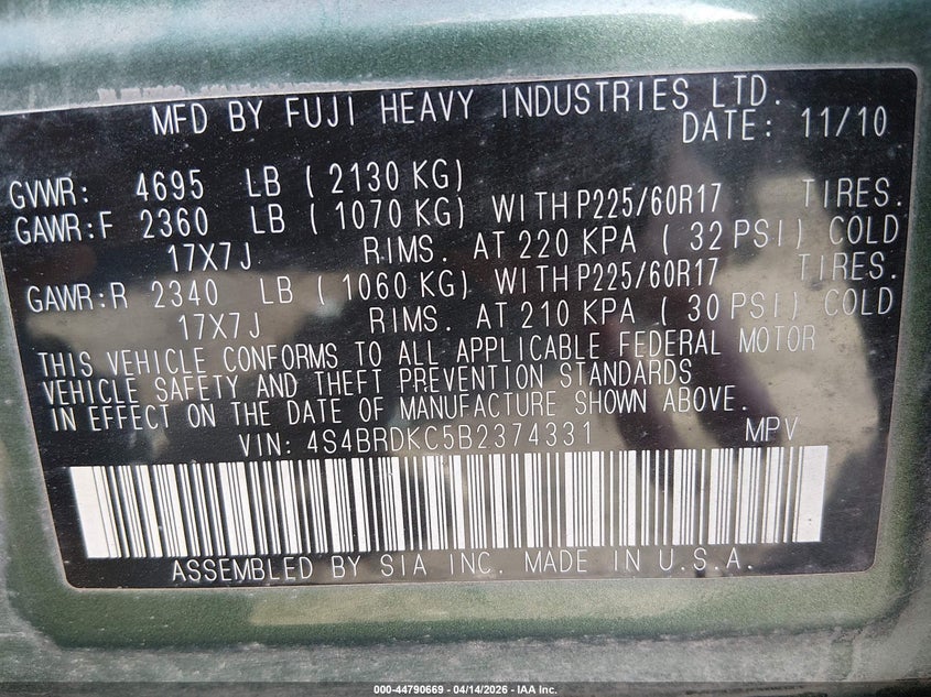 2011 Subaru Outback 3.6R Limited VIN: 4S4BRDKC5B2374331 Lot: 44790669