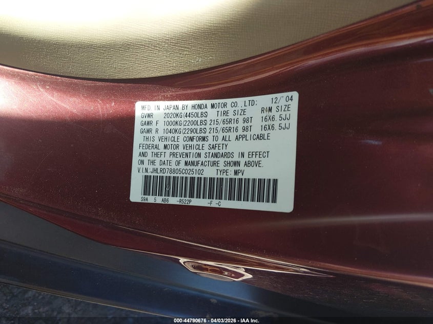 2005 Honda Cr-V Ex VIN: JHLRD78805C025102 Lot: 44790676