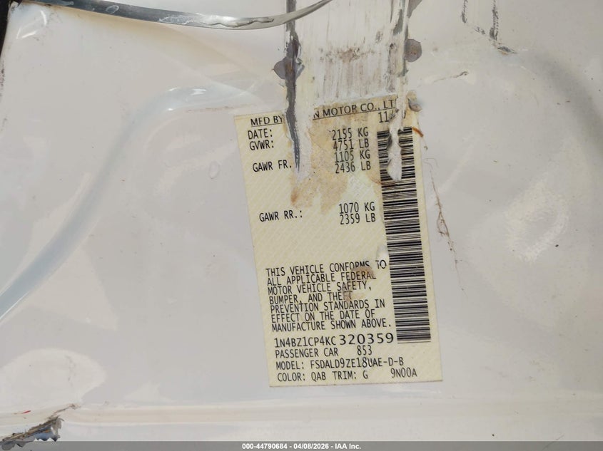 2019 Nissan Leaf Sv Plus VIN: 1N4BZ1CP4KC320359 Lot: 44790684