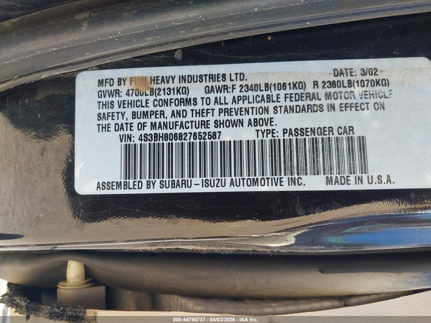 2002 Subaru Outback H6-3.0 L.l. Bean Edition VIN: 4S3BH806827652587 Lot: 44790737