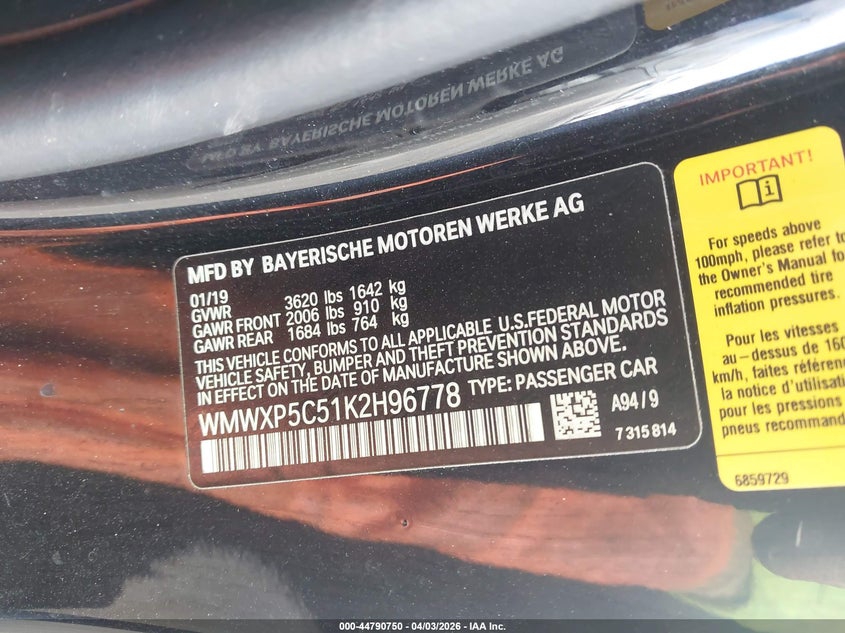 2019 Mini Hardtop Cooper VIN: WMWXP5C51K2H96778 Lot: 44790750