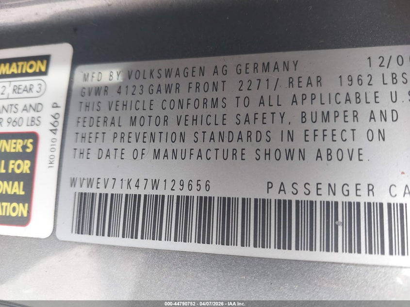 2007 Volkswagen Gti 2-Door VIN: WVWEV71K47W129656 Lot: 44790752