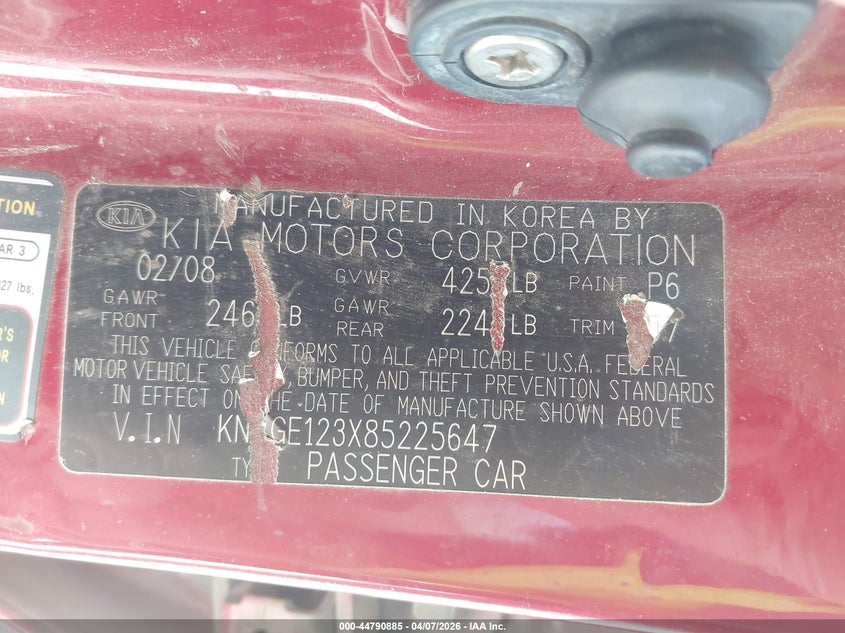 2008 Kia Optima Lx VIN: KNAGE123X85225647 Lot: 44790885