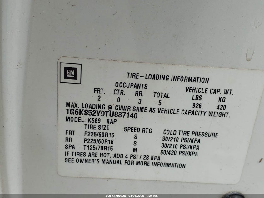 1996 Cadillac Seville Sls VIN: 1G6KS52Y9TU837140 Lot: 44790928