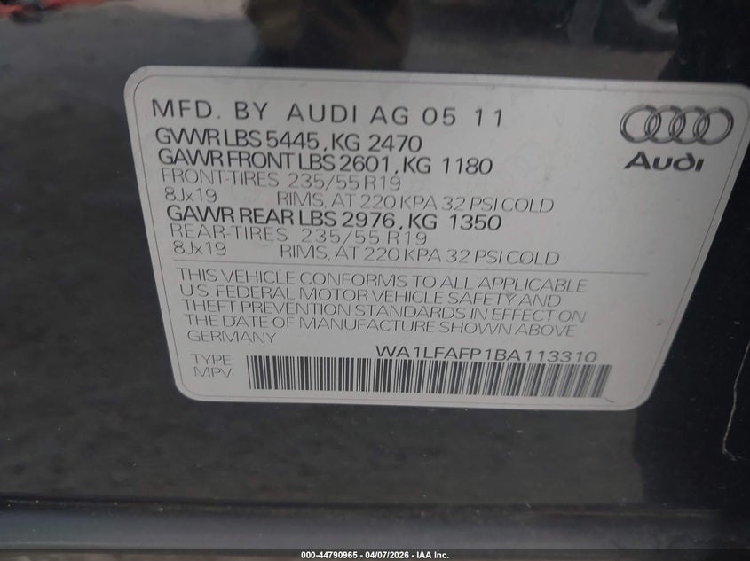 2011 Audi Q5 2.0T Premium VIN: WA1LFAFP1BA113310 Lot: 44790965