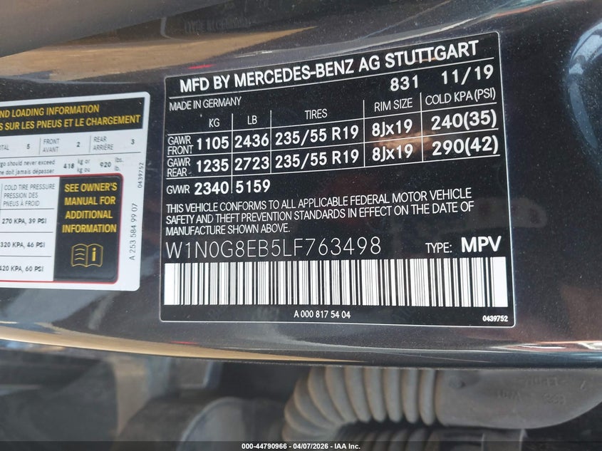 2020 Mercedes-Benz Glc 300 4Matic VIN: W1N0G8EB5LF763498 Lot: 44790966