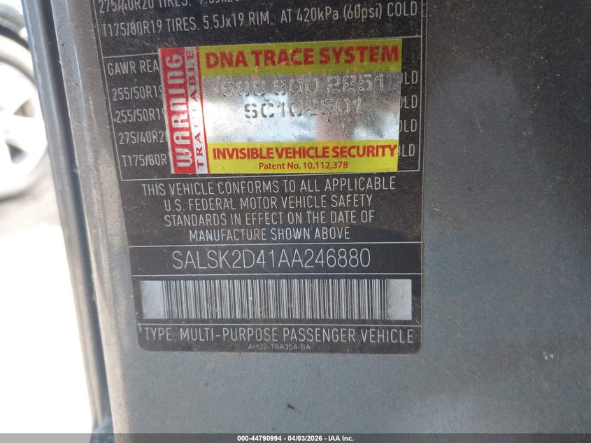 2010 Land Rover Range Rover Sport Hse VIN: SALSK2D41AA246880 Lot: 44790994