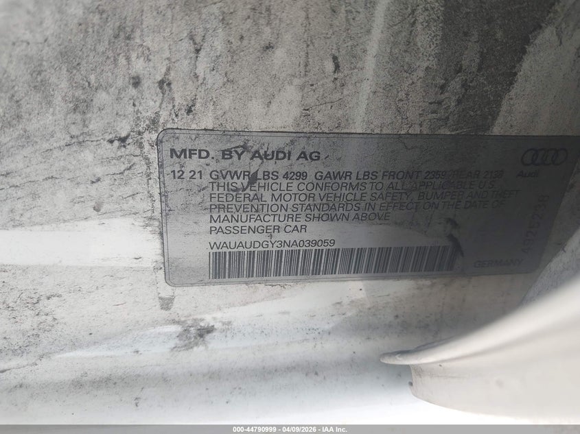2022 Audi A3 Premium 40 Tfsi Front-Wheel Drive S Tronic VIN: WAUAUDGY3NA039059 Lot: 44790999
