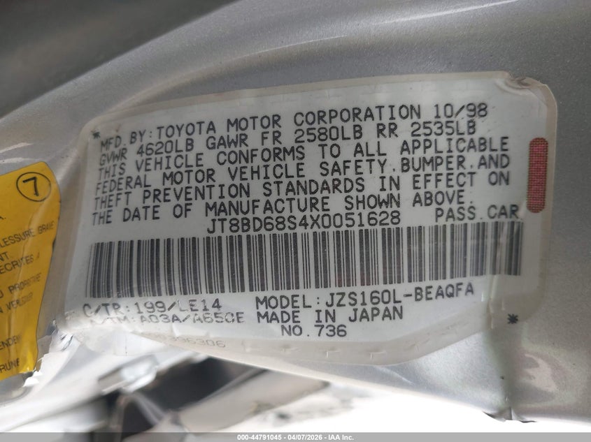 1999 Lexus Gs 300 VIN: JT8BD68S4X0051628 Lot: 44791045