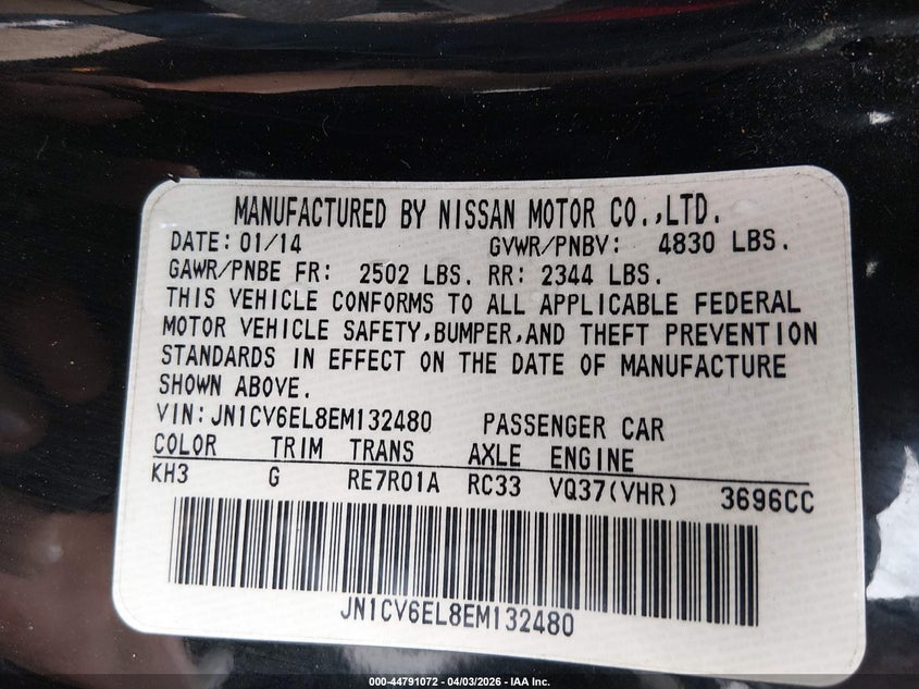 2014 Infiniti Q60 VIN: JN1CV6EL8EM132480 Lot: 44791072