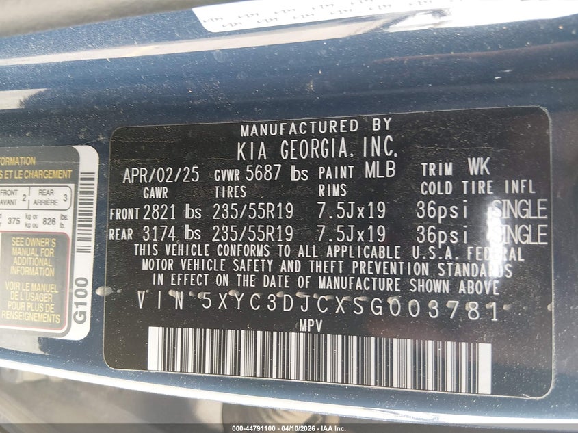 2025 Kia Ev6 Wind VIN: 5XYC3DJCXSG003781 Lot: 44791100