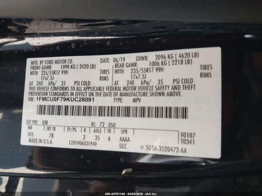 VIN 1FMCU0F79KUC28091 2019 FORD ESCAPE S