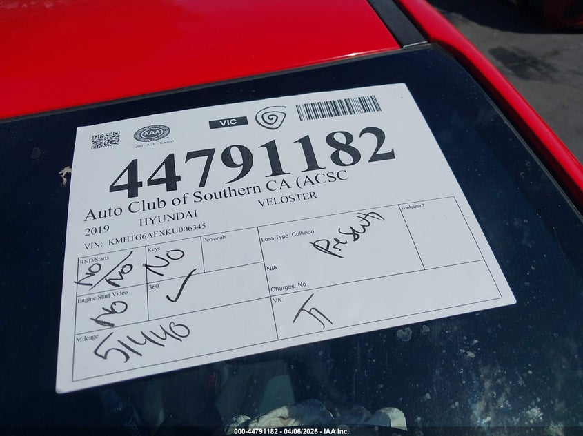 2019 Hyundai Veloster 2.0 VIN: KMHTG6AFXKU006345 Lot: 44791182