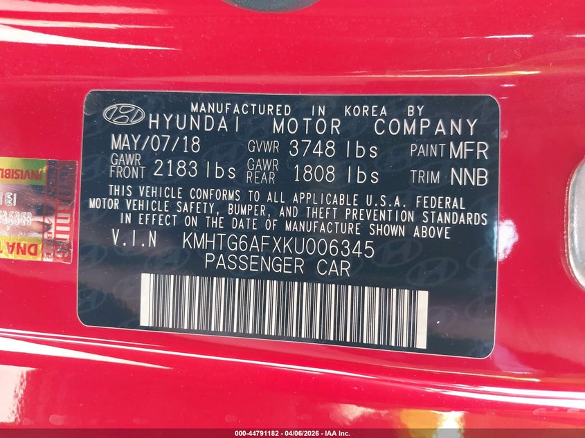 2019 Hyundai Veloster 2.0 VIN: KMHTG6AFXKU006345 Lot: 44791182