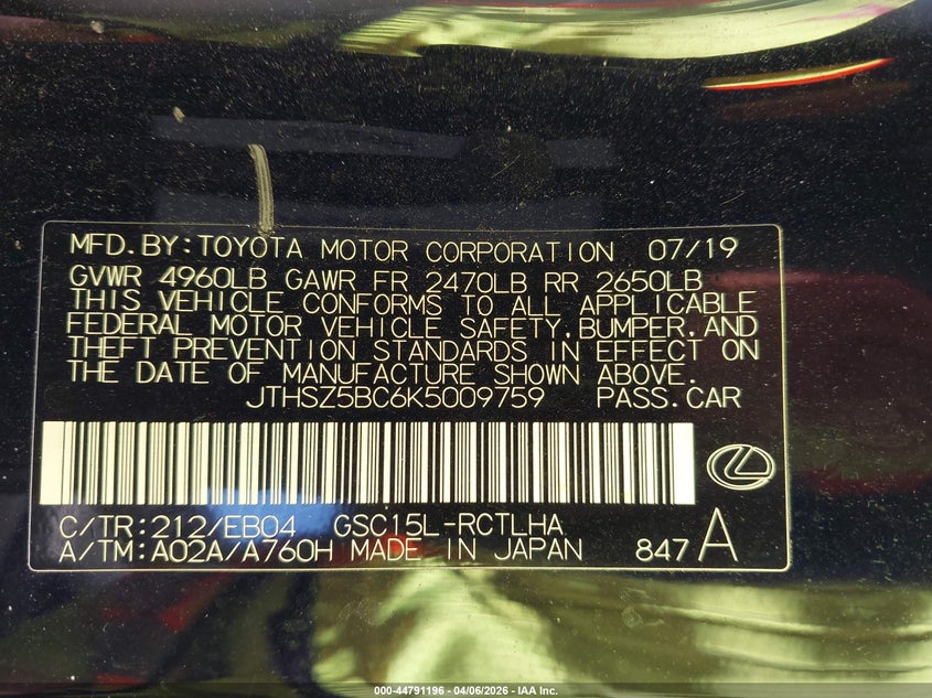 2019 Lexus Rc 350 F Sport VIN: JTHSZ5BC6K5009759 Lot: 44791196