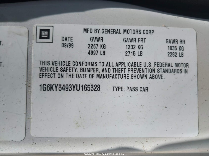 2000 Cadillac Seville Sts VIN: 1G6KY5493YU165328 Lot: 44791199