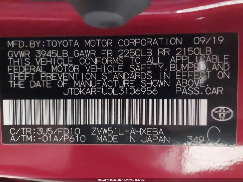 2020 Toyota Prius Le VIN: JTDKARFU0L3106956 Lot: 44791326