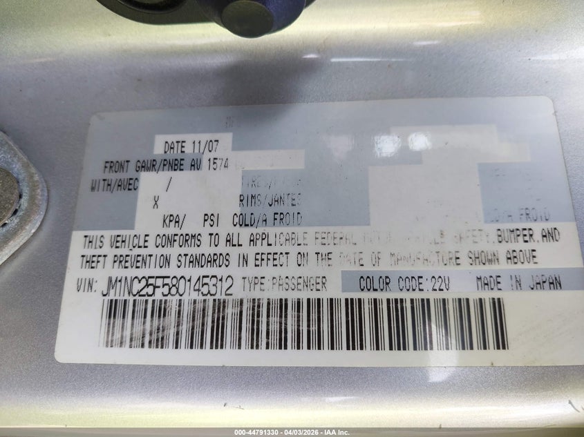 2008 Mazda Mx-5 Sport VIN: JM1NC25F580145312 Lot: 44791330