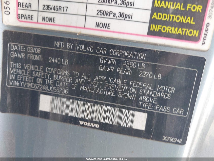 2008 Volvo C70 T5 VIN: YV1MC67248J056736 Lot: 44791350