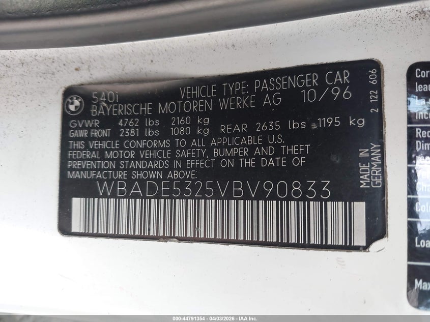1997 BMW 540I VIN: WBADE5325VBV90833 Lot: 44791354