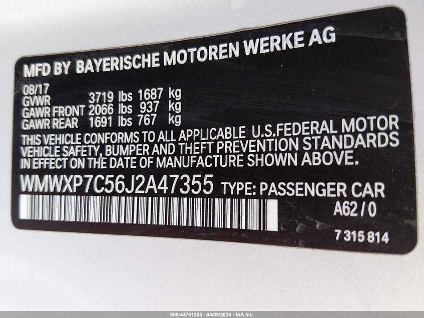 2018 Mini Hardtop Cooper S VIN: WMWXP7C56J2A47355 Lot: 44791385