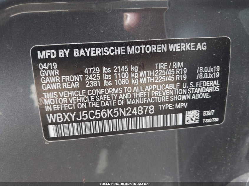 2019 BMW X2 xDrive28I VIN: WBXYJ5C56K5N24878 Lot: 44791394