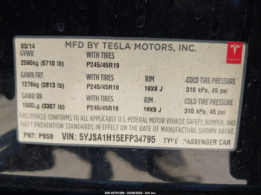 TESLA MODEL S 2014 VIN 5YJSA1H15EFP34795