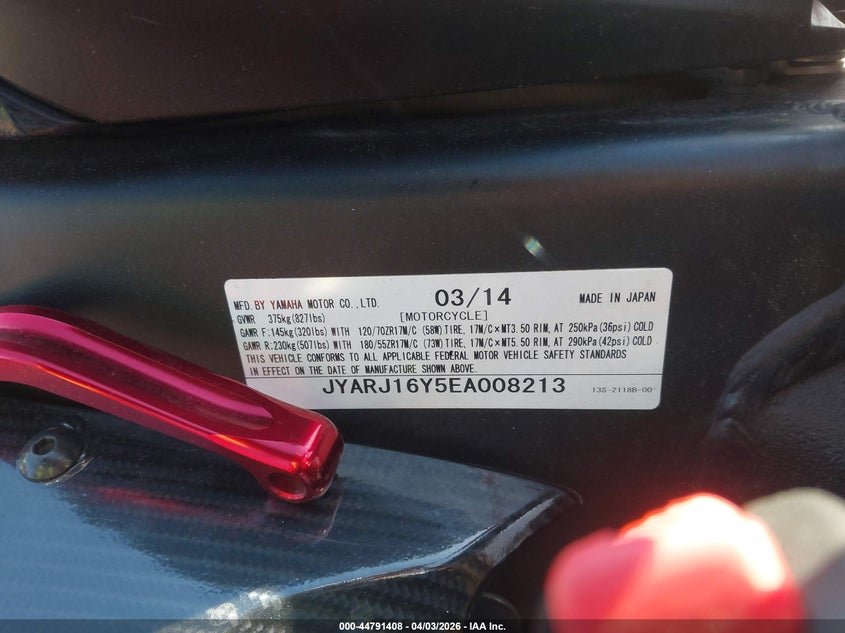2014 Yamaha Yzfr6 C VIN: JYARJ16Y5EA008213 Lot: 44791408
