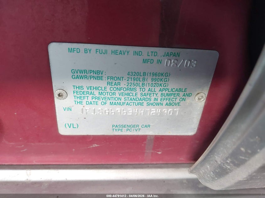 2004 Subaru Forester 2.5Xt VIN: JF1SG69634H724907 Lot: 44791412