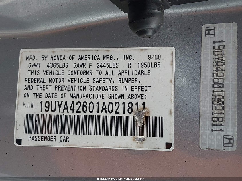 2001 Acura Cl 3.2 Type S VIN: 19UYA42601A021811 Lot: 44791427