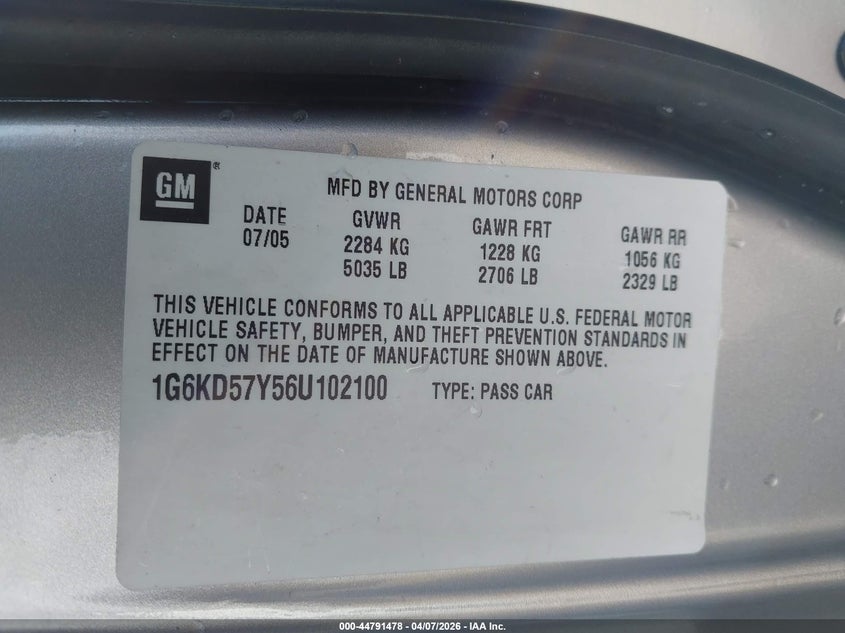 2006 Cadillac Dts Standard VIN: 1G6KD57Y56U102100 Lot: 44791478