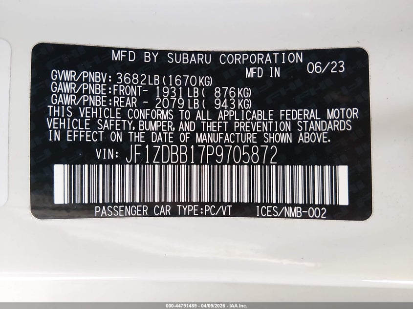 2023 Subaru Brz Premium VIN: JF1ZDBB17P9705872 Lot: 44791489
