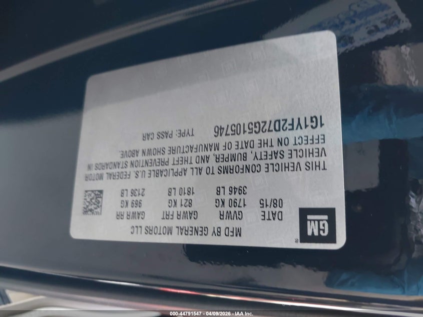 2016 Chevrolet Corvette Stingray VIN: 1G1YF2D72G5105746 Lot: 44791547